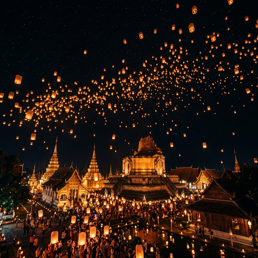 Mass sky lantern release at the Yi Peng Festival Chiang Mai
